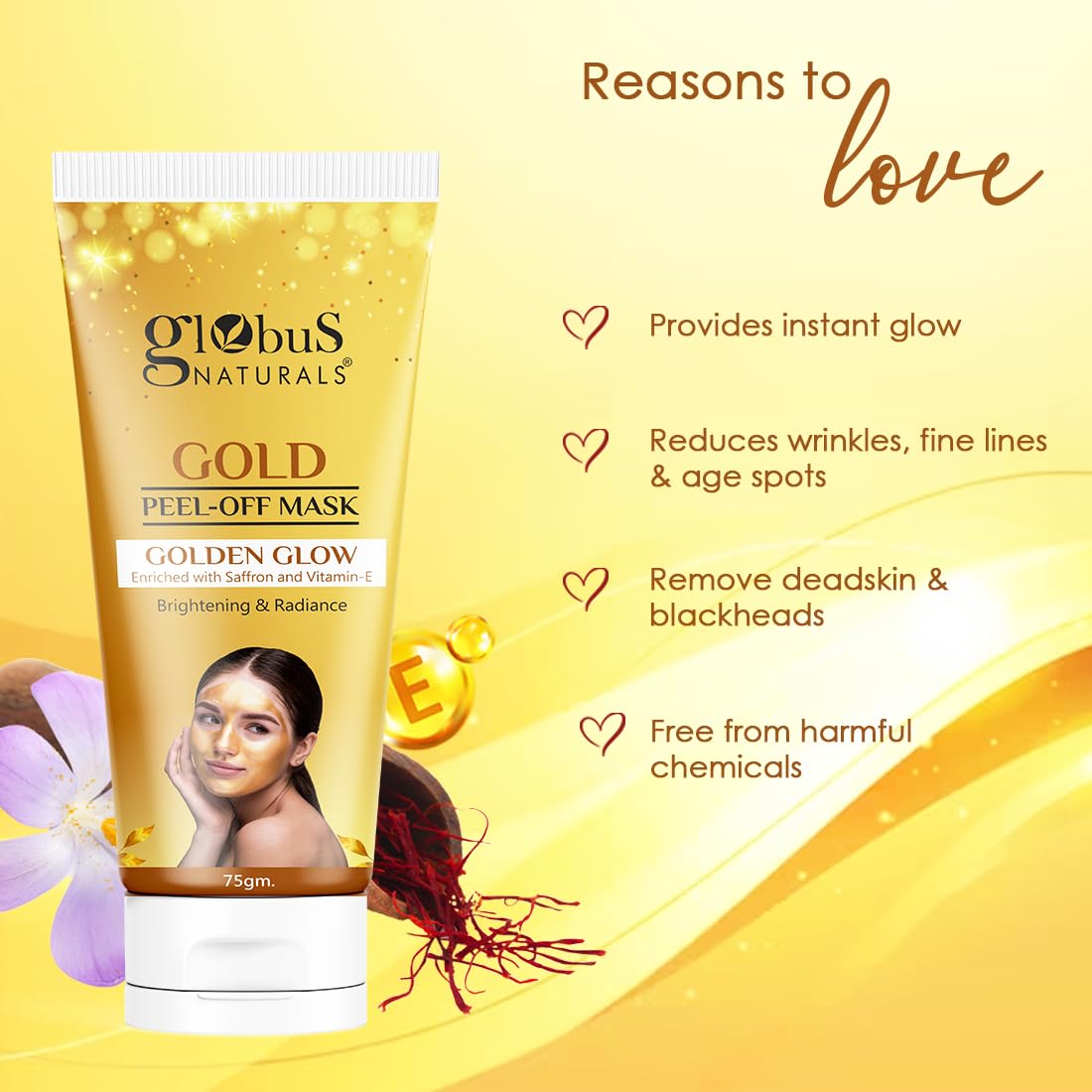 Globus Naturals Gold Peel Off Mask For Golden Glow, Enriched with Saffron & Vitamin-E, Brightening & Radiance, Suitable For All Skin Types, 75 g (Pack of 2)