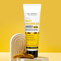 Dr. Sheth's Haldi & Hyaluronic Acid Sunscreen with 1% Hyaluronic Acid | Spf 50+ Pa+++ | Protects Against UVA/B & Blue Light | Hydrating & Brightening | For Men & Women | For All Skin Type | 125 g