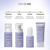 Sereko Vitamin C Brightening Face Cleanser, Toner, Serum with Sunscreen SPF 50++++ for Women & Men (AM Routine Essentials)