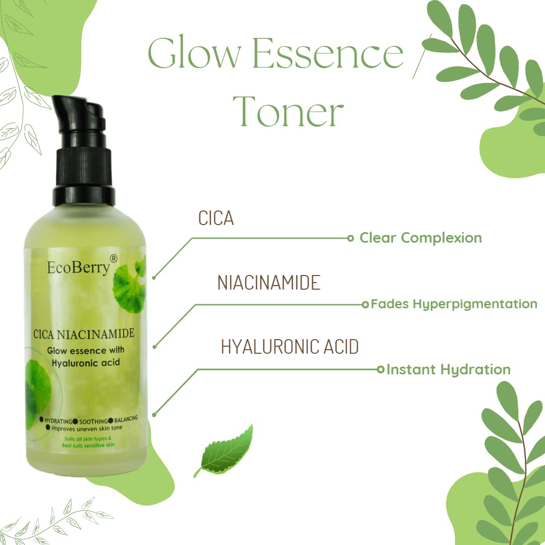 EcoBerry Centella Asiatica (CICA) Niacinamide Glow Essence With Hyaluronic Acid, Oil Free Essence, Moisturizer, Anti-Aging, Brightens Skin, Natural & Handmade, Chemical Free, Paraben Free, Vegan
