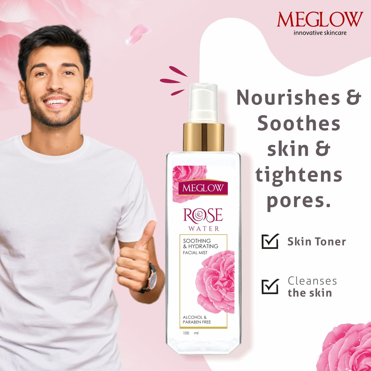 Meglow Pure & Natural Rose Water Spray for Face(Pack of 2)-100ml,Face Mist for Glowing Skin|Gulab Jal For Skin|Face toner|Makeup Remover|Alcohol & Paraben Free| Tighten the Open Pores-for Men & Women