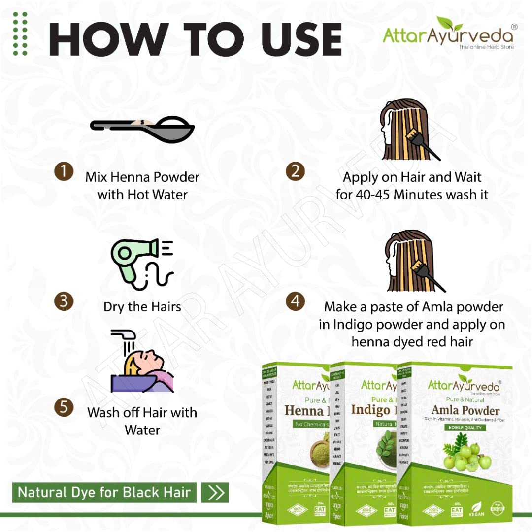 Attar Ayurveda Henna Leaves Powder, Indigo Leaves powder and Amla Powder Combo (650 Grams)