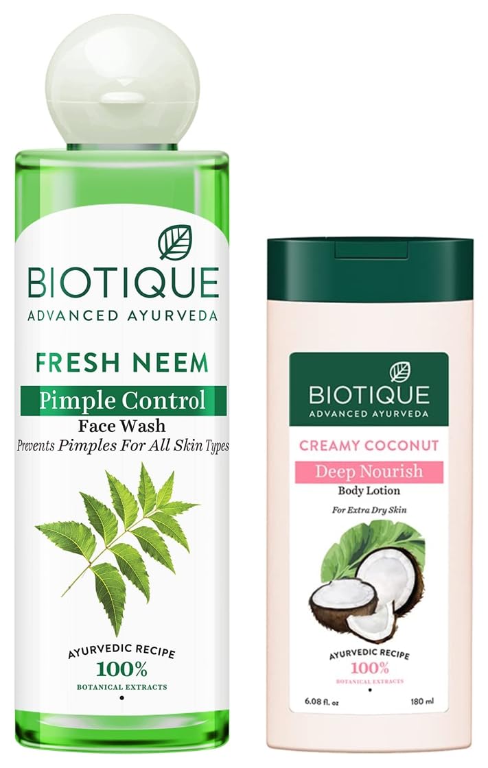 Biotique Bio Neem Purifying Face Wash, 200 ml And Biotique Bio Creamy Coconut Ultra-Rich Body Lotion for Extra Dry Skin, 180ml