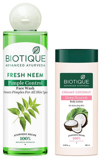 Biotique Bio Neem Purifying Face Wash, 200 ml And Biotique Bio Creamy Coconut Ultra-Rich Body Lotion for Extra Dry Skin, 180ml