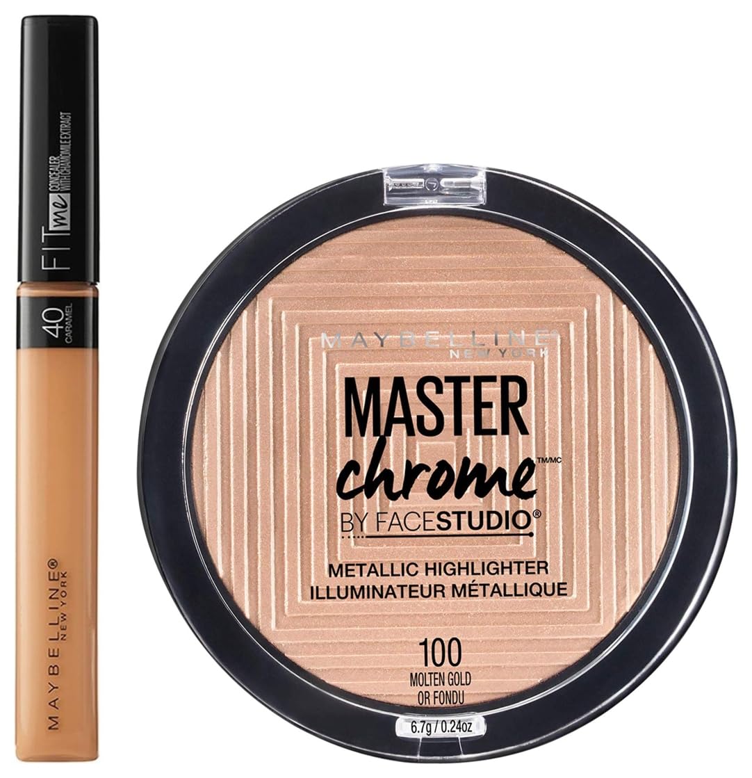 Maybelline New York Fit me Concealer, 40 Caramel, 6.8ml and Maybelline New York Face Studio Master Chrome Metallic Highlighter, Molten Gold, 6.7g