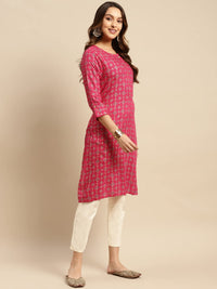 rangita Women Rayon Gold Printed Calf Length Straight Kurti