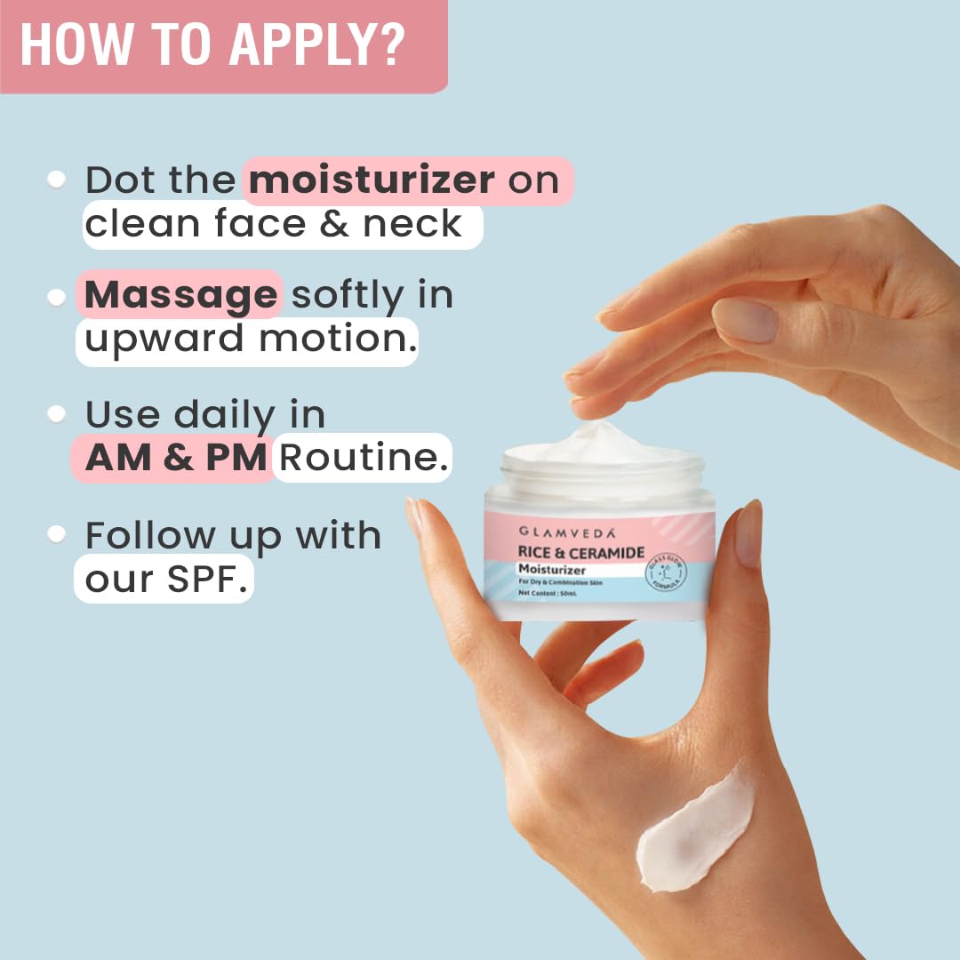 Glamveda Rice & Ceramide Moisturizer Skin Barrier Building & Nourishing | For Fine Lines Wrinkles, Age Spots & Hyperpigmentation | No Paraben, Sls | 50ml