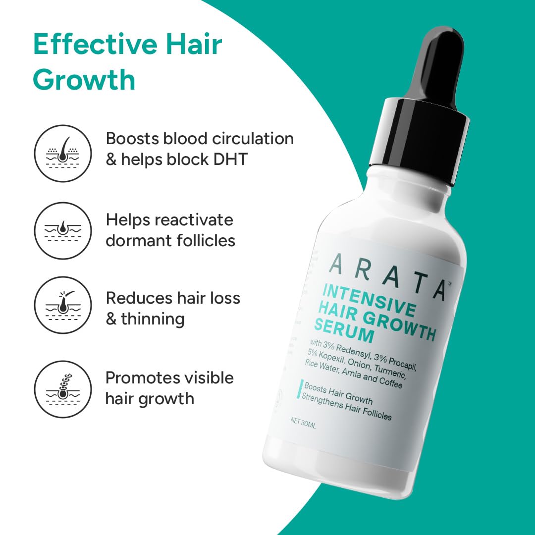 Arata Intensive Hair Growth Serum for Men & Women | 3% Redensyl, 3% Procapil & 5% Kopexil | Onion, Turmeric & Rice Water | Controls Hair Fall, Boosts Hair Growth & Strengthens Hair | Pack of 3 (90ml)
