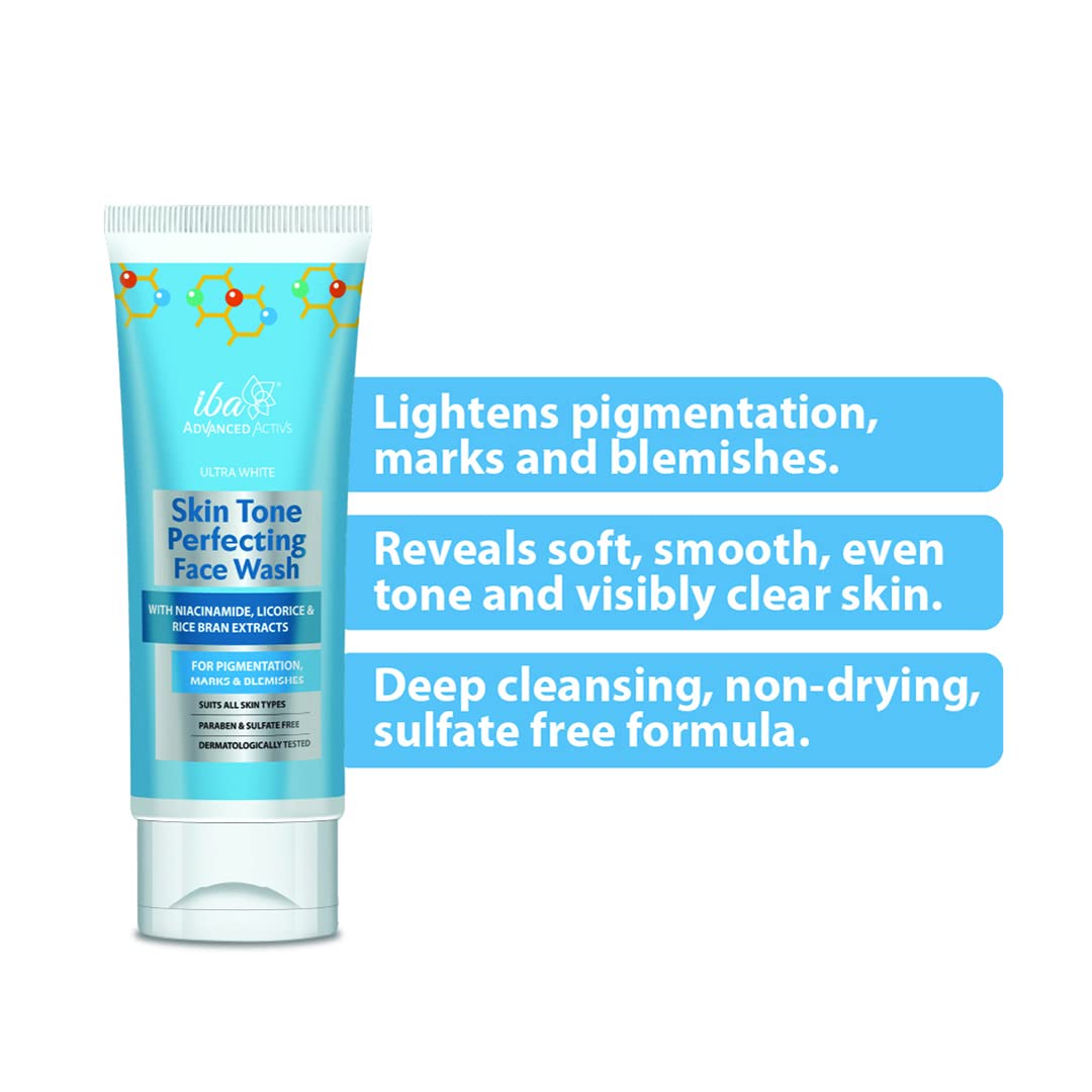 Iba Advanced Activs Ultra White Skin Tone Perfecting Face Wash | No Parabens & Sulfates | High Foam | For Lighter, Even Tone Skin | Halal Certified & Vegan - 100 ml