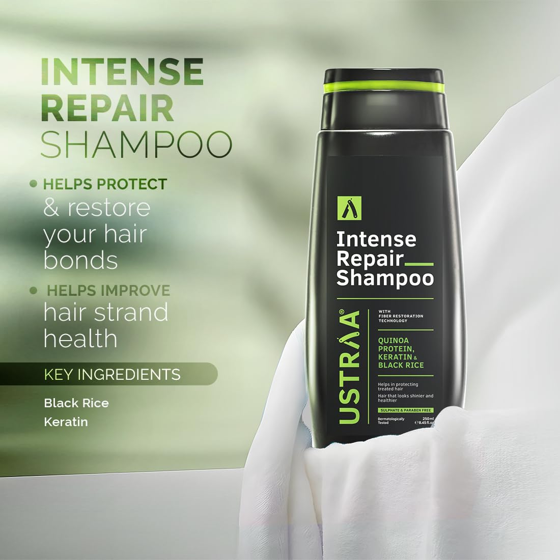 Ustraa Intense Repair Shampoo - 250 ml - Set of 2 | Fiber Restoration Technology | Helps Protect & Restore Hair Bonds | with Black Rice, Quinoa Extracts & Keratin | No SLS, No Paraben