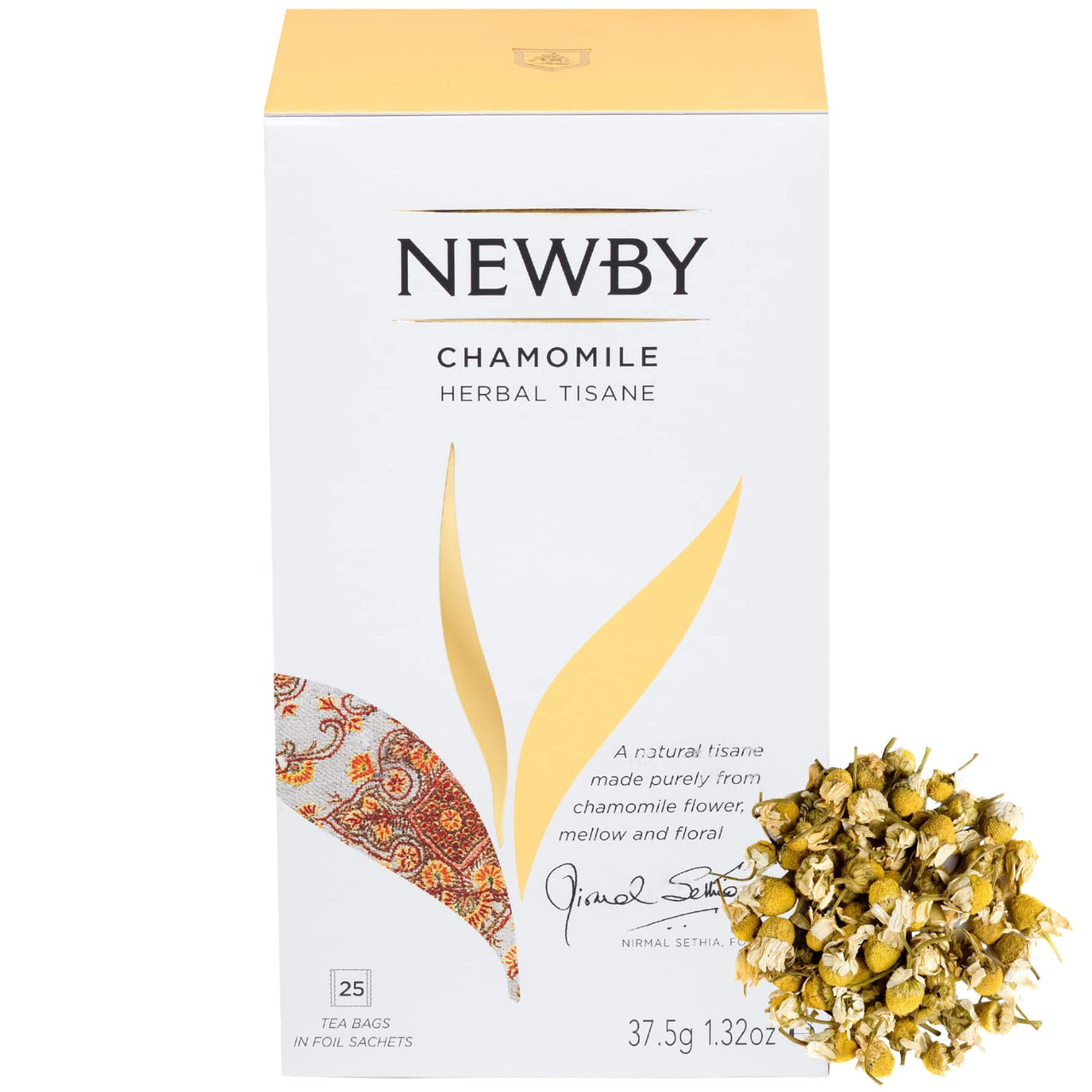 Newby Chamomile Tea Bags | 25 Pieces | 100% Organic Chamomile Flower Herbal Green Tea | Light and Gentle Taste With Subtle Floral Flavor | Steep Hot or Iced | 37.5 gm