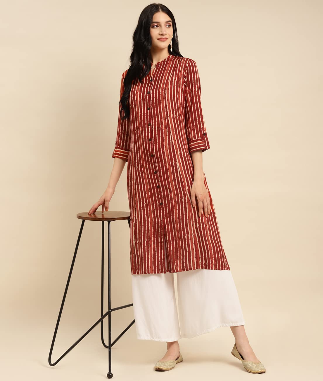 rangita Women Rayon Printed Calf Length Kalidar Kurti with Front Button Placket