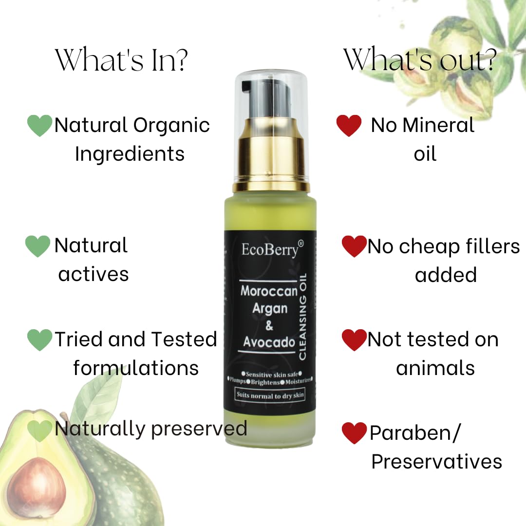 EcoBerry Moroccan Argan & Avocado Cleansing Oil For Oily Skin, Boosts Hydration, Increases Collagen Production, Improves Elasticity, Reduce Wrinkles, Vegan