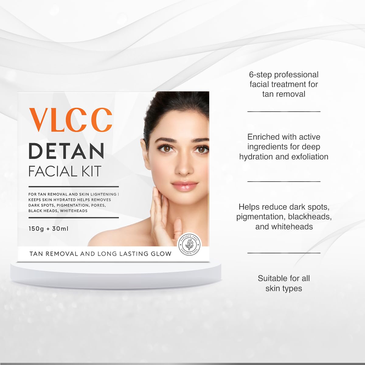 VLCC De-Tan Facial Kit - 180g (150g+30ml) | For Tan Removal | Hydrates, Helps Removes Dark Spots, Pigmentation, Pores, Blackheads & Whiteheads | With SPF 15+ Moisturizer