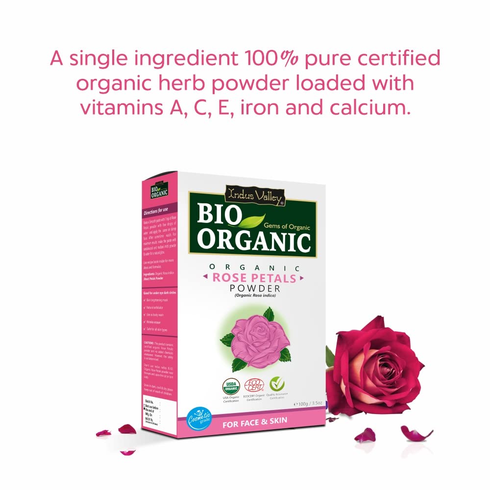 INDUS VALLEY BIO Organic Rose Petals | Rosa indica, Orange Peel Powder | Citrus aurantium & Neem Natural Powder | Organic Azadirachta indica For Skin Care - (100x3 = 300g)