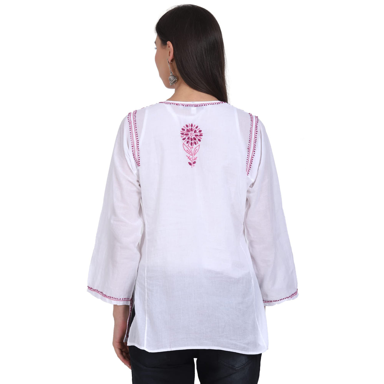 Paramount Women's  Chikankari Cotton White Straight Short Kurta Navy XS