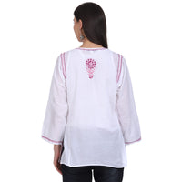 Paramount Women's  Chikankari Cotton White Straight Short Kurta Navy XS