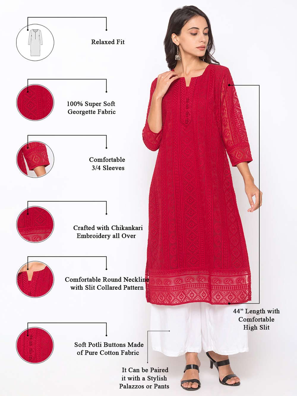 ZOLA Exclusive Georgette Round Neck with 3/4Th Sleeves and Calf Length Luckhnowi Chikan Kari Kurta with Button Placket On Yolk Ethnic Wear Straight Kurta for Women