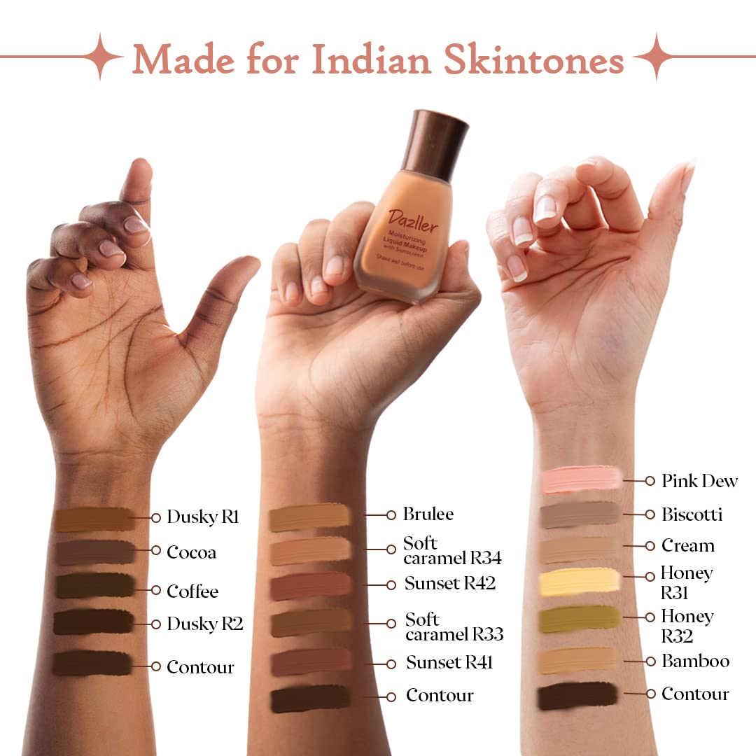 Dazller Face Combi Pack (Honey R31) : Moisturizing Liquid Makeup (Tinted Finish), 27mL + Face Powder (Soft Finish), 30g, Lightweight, with Added Sunscreen, Skin-Friendly Ingredients, Paraben-Free, 100% Vegan, Perfect Everyday Wear