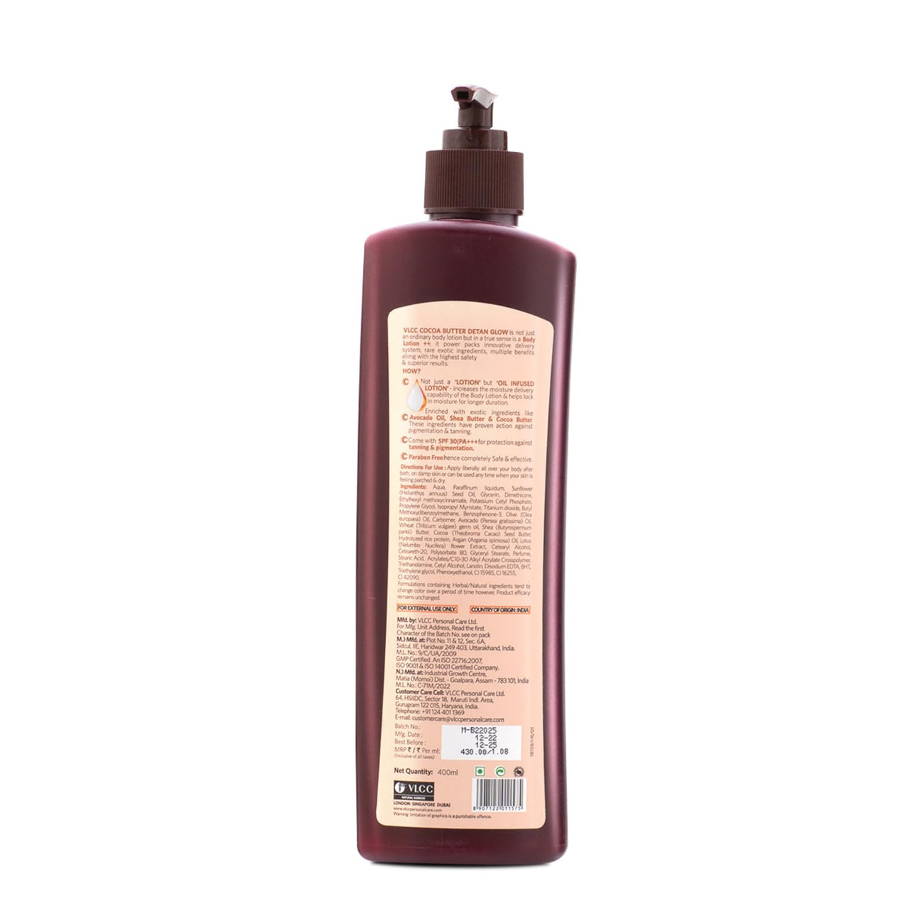 VLCC Cocoa Butter De-Tan Glow Body Lotion SPF 30 PA+++ - 400ml | Deeply Hydrating & Moisturizing Lotion | Helps fight tanning | Glowing Skin & Even Skin Tone | Avocado Oil, Shea Butter & Cocoa Butter