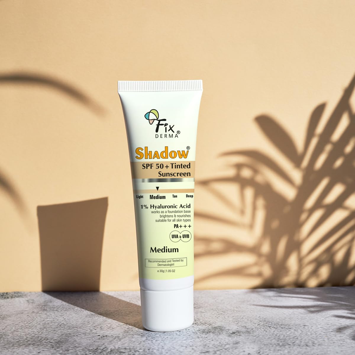 Fixderma Shadow Tinted Sunscreen Medium SPF 50 PA+++ | 1% Hyaluronic Acid & Vitamin E | Brightens & Nourishes the Skin | UVA & UVB Protection | Lightweight | No White Cast | For All Skin Types - 30gm