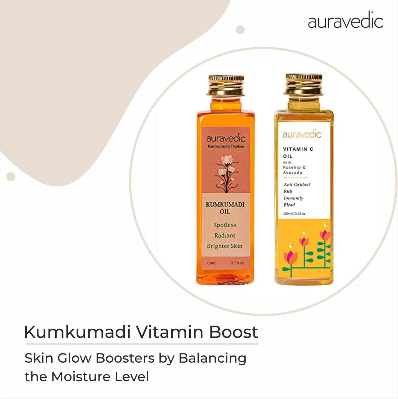 Auravedic Kumkumadi tailam for face Kumkumadi face oil for glowing skin and Vitamin C oil face serum with Rosehip oil 100 ml pack of 2 Vitamin C serum Kumkumadi oil body oil after bath for daily use