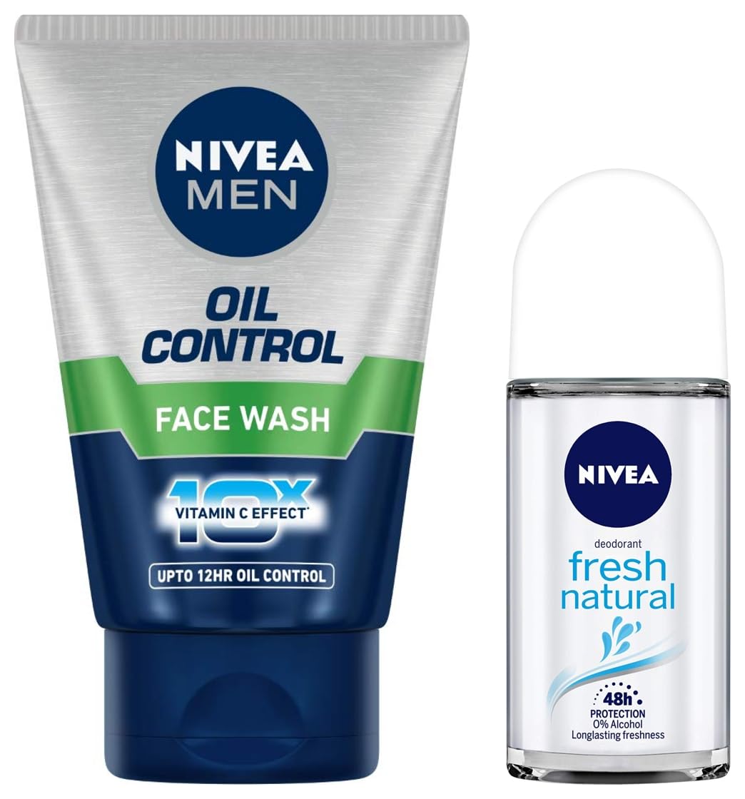 Nivea Deodorant Roll On, Fresh Natural for Men, 50ml And Face Wash, Oil Control, 10x Vitamin C for Men, 100g