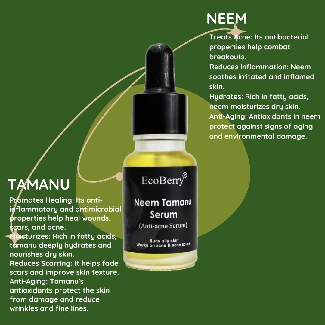 EcoBerry Neem Tamanu Anti Acne Serum for Oily & Acne Prone Skin, Blemishes, Moisturizing, Organic, Natural, Paraben Free, Preservative Free, Vegan