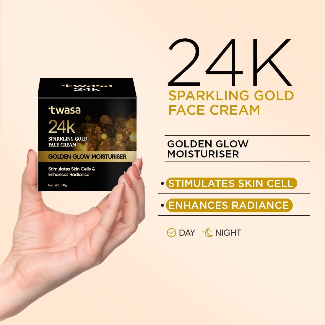 Twasa 24k Gold Pure Moisturizer For Oily & Dry Skin with Real Gold Flakes and Shimmer | Oil Free Glow Moisturizer For Face | Fast Absorbing Face Cream For Men & Women | Paraben Free | 50gm