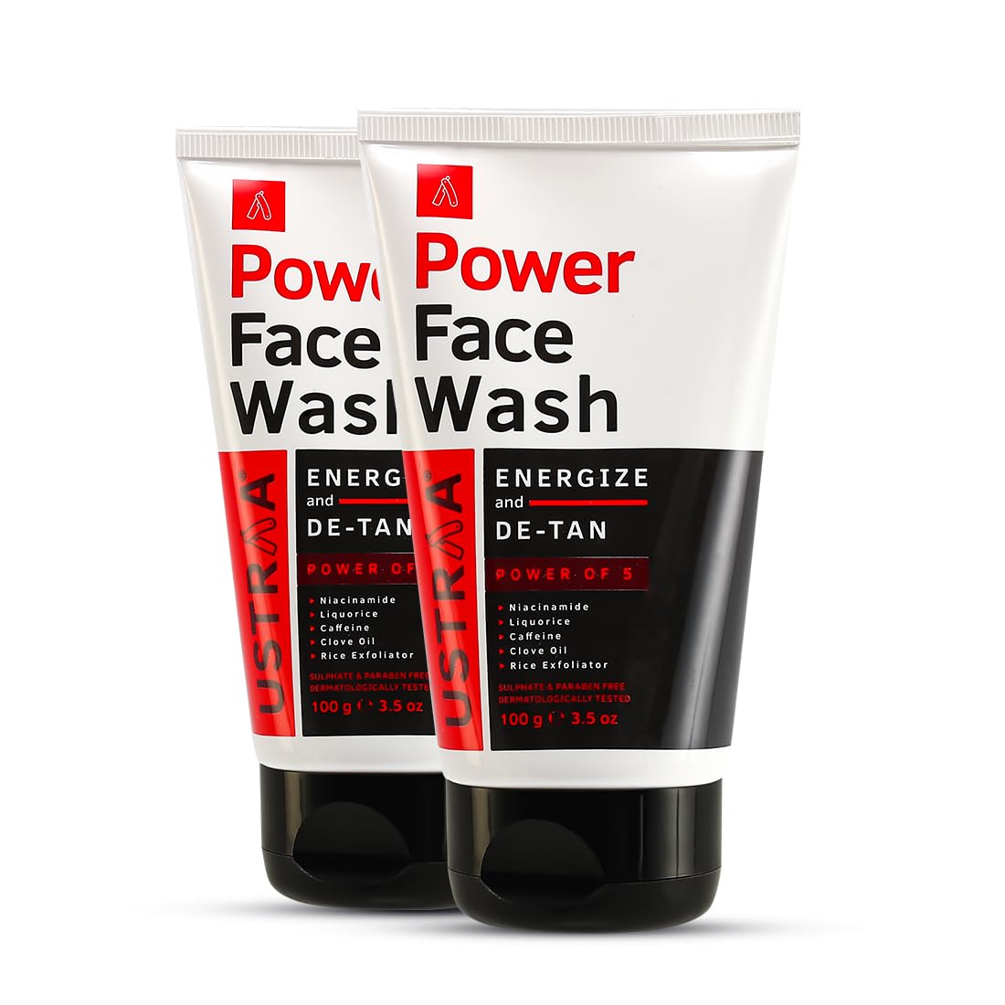 Ustraa Power Face Wash - 100g - Set of 2 - Energize and De-Tan | Dermatologically Tested | Effective Tan Removal | Removes Dead Skin, Brightens Skin, Refresh & Recharge, NO SLS, No Paraben