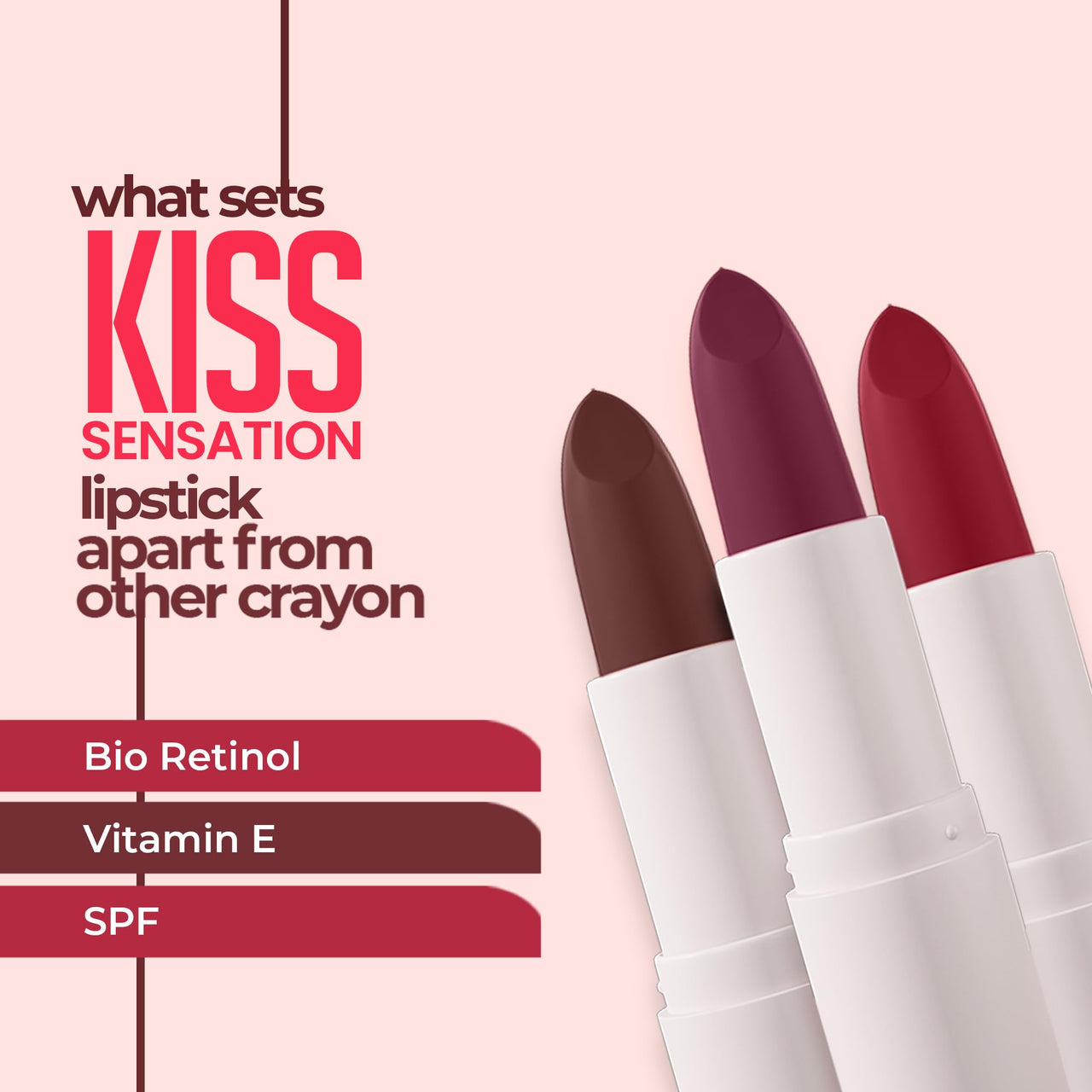Juice Kiss Sensation Lipstick with Goodness of Bio Retinol, UV Protection & Long lasting Lipstick, Pack of 3 (Red Carpet - M02, Think Pink - M09, Nude Sepia - M12)