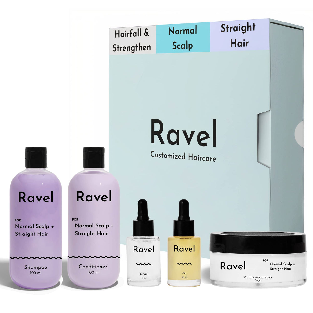Ravel Customized Hair Fall Control & Strengthen Starter Regimen for Normal Scalp & Straight Hair, Customized for Dry/Normal/Oily Hair, 5 Product kit - Shampoo + Conditioner + Mask + Serum + Oil
