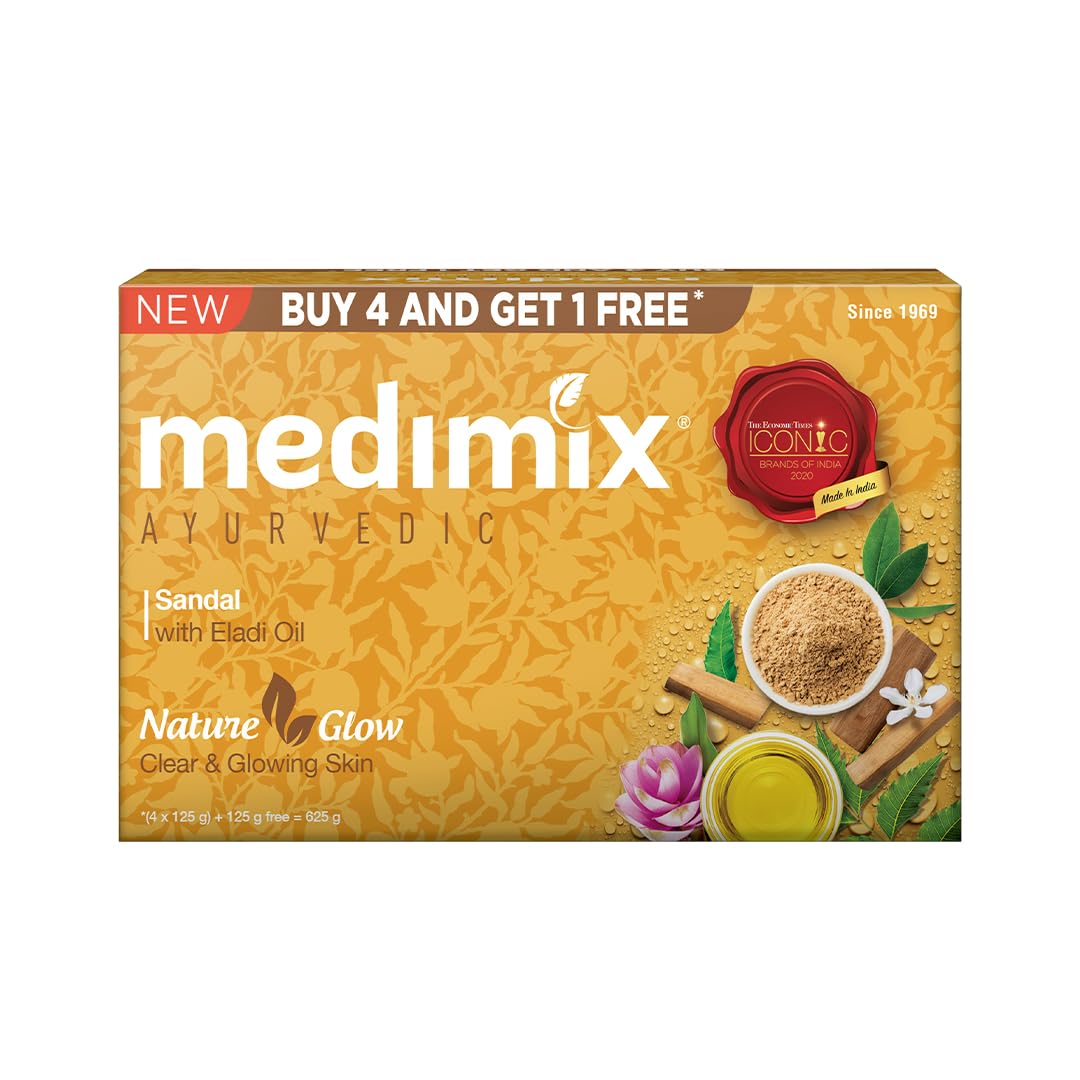 Medimix Ayurvedic Sandal Bathing Soap Bar With Eladi Oil 125Gm (Buy 4 and Get 1 Extra Combo Pack) | For Naturally Glowing Skin | Herbal | Natural | Paraben-free & Sulphate-free | 100% Vegan