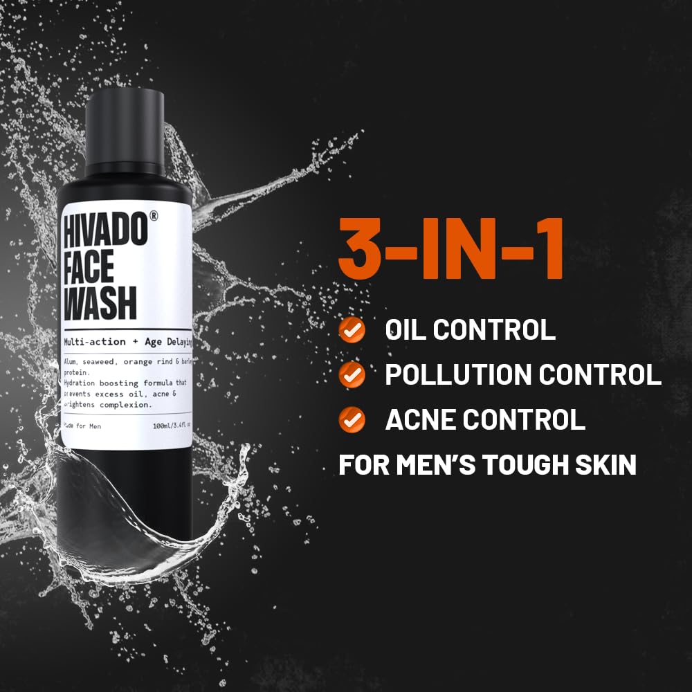 Hivado Face Wash for Men | Deep Cleanse & Oil Control | Fights Acne, Pimples & Blackheads | Brightens & Refreshes Skin | Alum, Orange Extract, Barley Protein & Seaweed | Sulfate-Free | 100ml