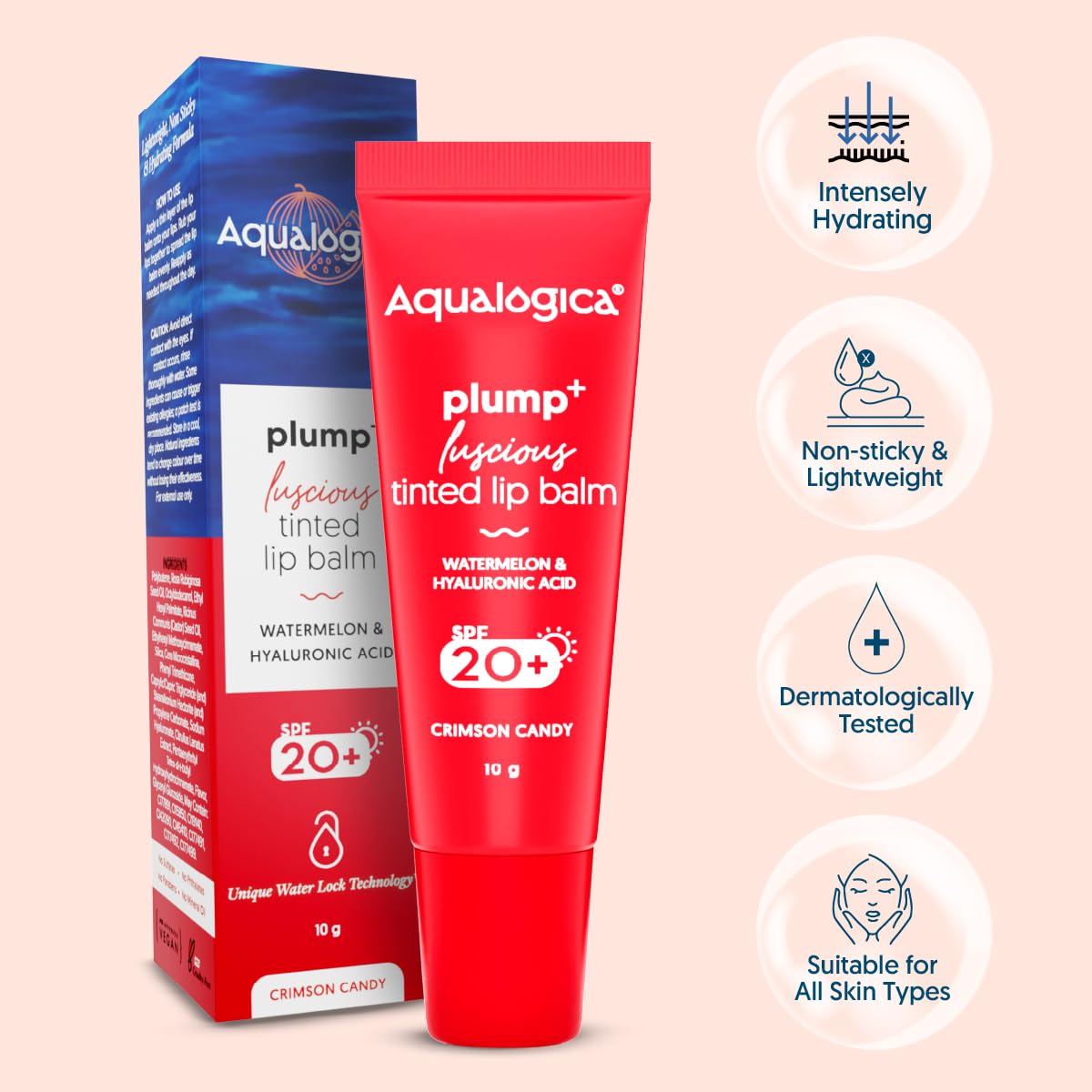 Aqualogica Plump+ Luscious Tinted Lip Balm for Men & Women - Lip Mask for Dry, Dark & Pigmented Lips with Watermelon & Hyaluronic Acid -10g (Crimson Candy)