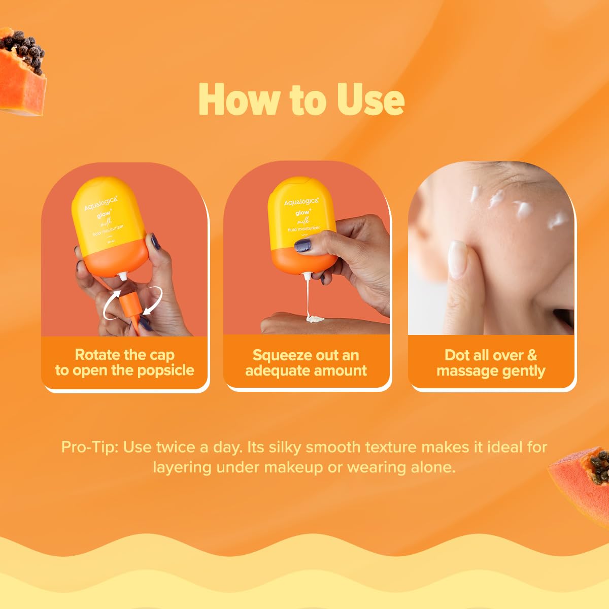 Aqualogica Glow+ Milk Fluid Moisturizer with Papaya & Vitamin C | Lightweight Milk-Like Texture | Brightens Skin | 48-H Deep Moisturization I For Normal To Combination Skin | Non Sticky, Quick Absorbing & Hydrating | 70 ml