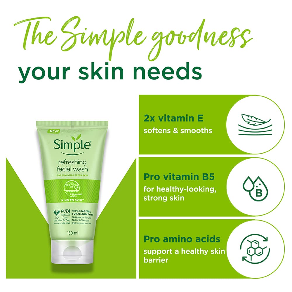Simple Kind To Skin Refreshing Face Wash 150 ml | 100% soap-free gentle cleanser for sensitive, dry & oily skin, for women & men