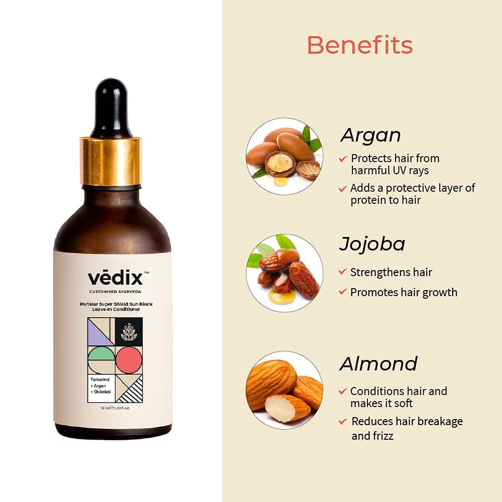 Vedix Leave In Conditioner, Customised Ayurvedic Paristar Super Shield Sun Block, For Sun Damaged and Dry Hair, Decreases Frizz, Moisturizes and repairs dull hair With Argan + Jojoba + Almond - 50ml
