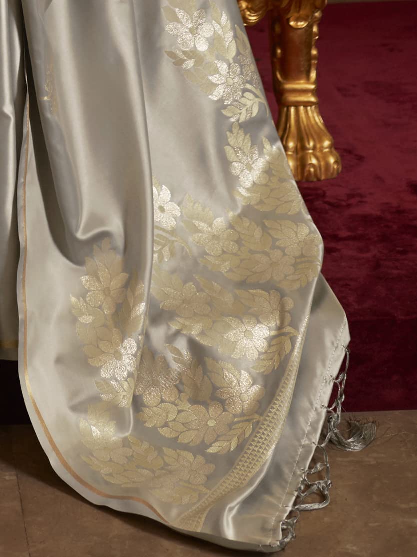 AKHILAM Women's  Banarasi Pure Silk Floral Golden Zari Work Woven Design Border Saree with Unstitched Blouse Piece(KSBLE2240_Parent)