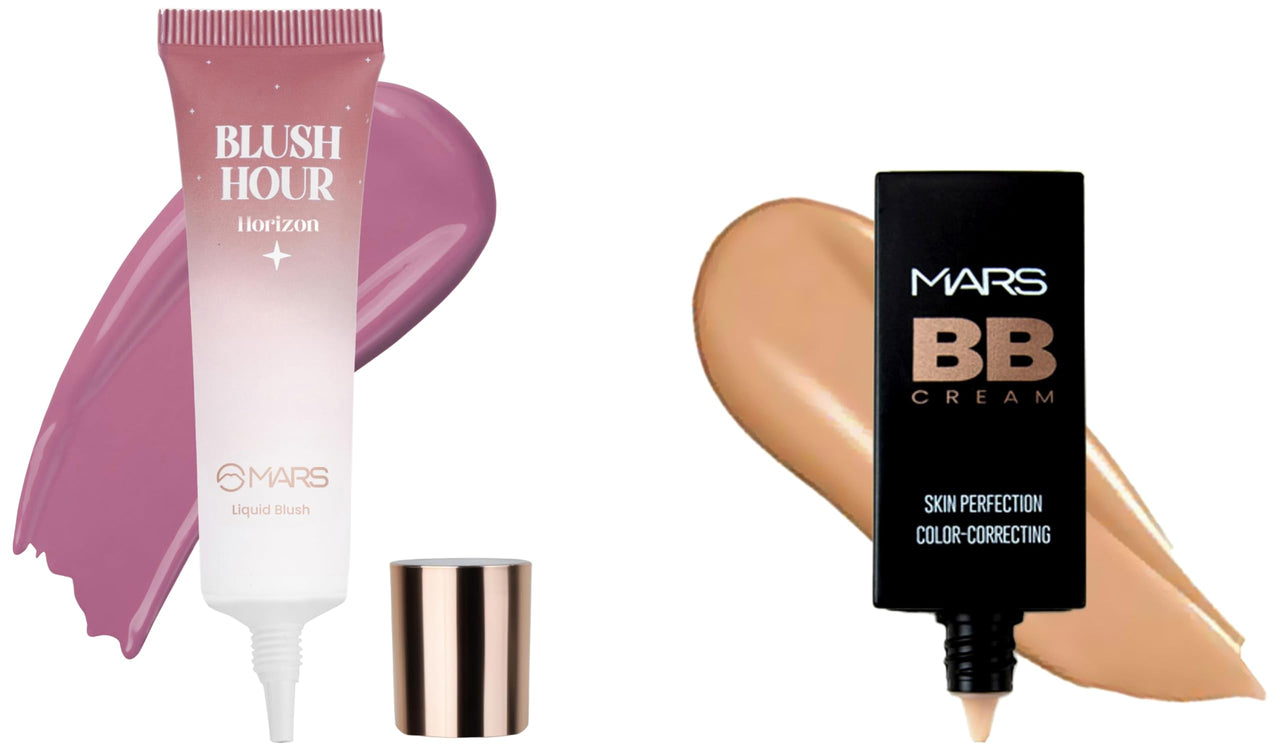 MARS Liquid Blush Hour | Dewy-Matte Finish | Highly Pigmented | Lightweight & Long-Lasting Formula | Effortless Application (12 ml) (04-HORIZON) BB Cream Lightweight Foundation (30 ml) (Tan)
