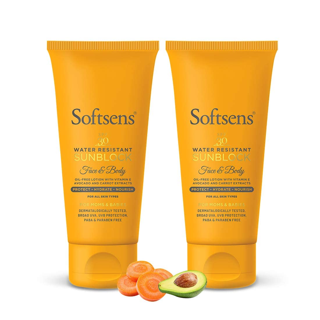 Softsens Sunblock Spf 30 Lotion | Enriched with Vitamin E, avocado & carrot extracts | For Babies & Parents | 50g Pack of 2