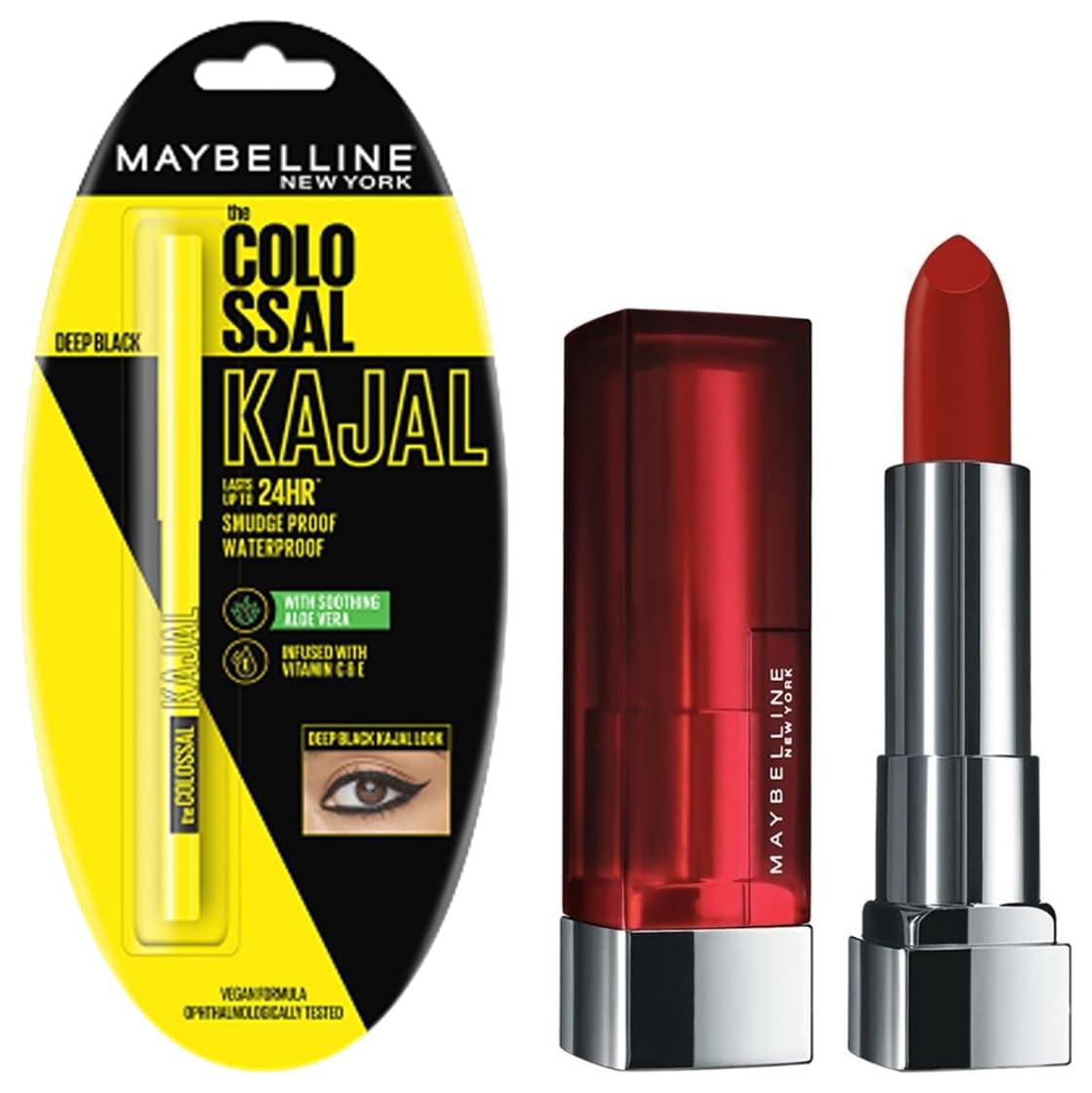 Maybelline New York Matte Lipstick, Intense Colour, 677 Noho Amber, 3.9gm & Maybelline New York Colossal Kajal, Intense Colour, Waterproof, Long lasting 24Hrs Stay, Black, 0.35g