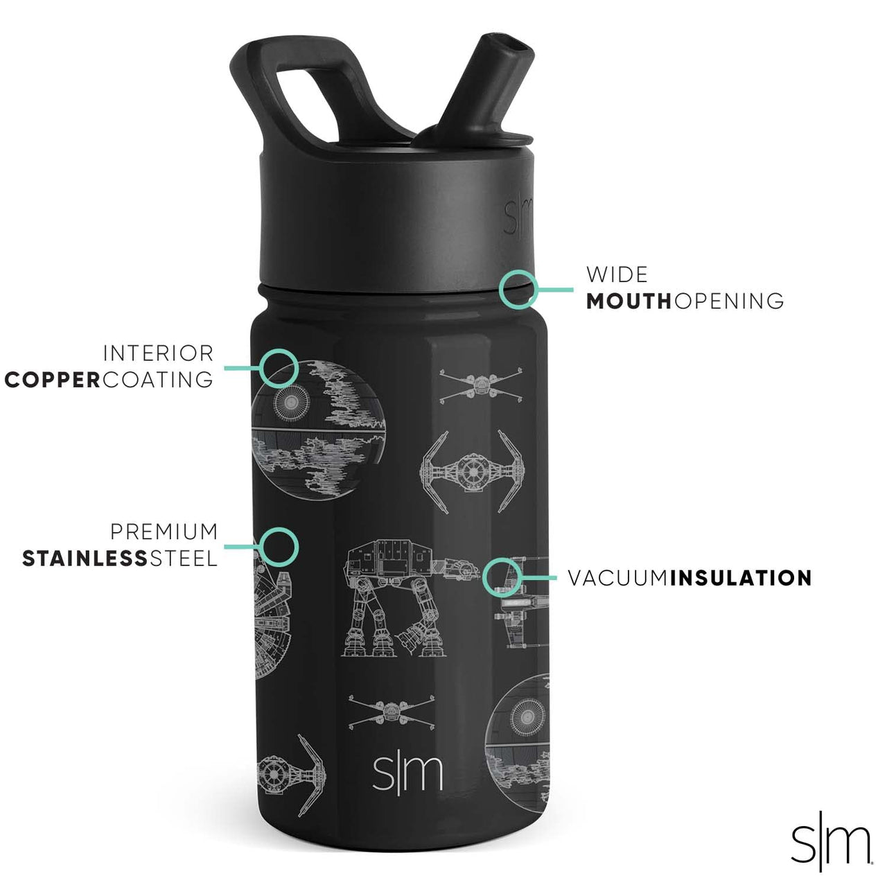 Simple Modern Star Wars Kids Water Bottle with Straw Lid | Insulated Stainless Steel Reusable Tumbler Gifts for School, Toddlers, Boys | Summit Collection | 14oz, Vehicle Schematics 14oz Water Bottle Star Wars-Vehicle Schematics