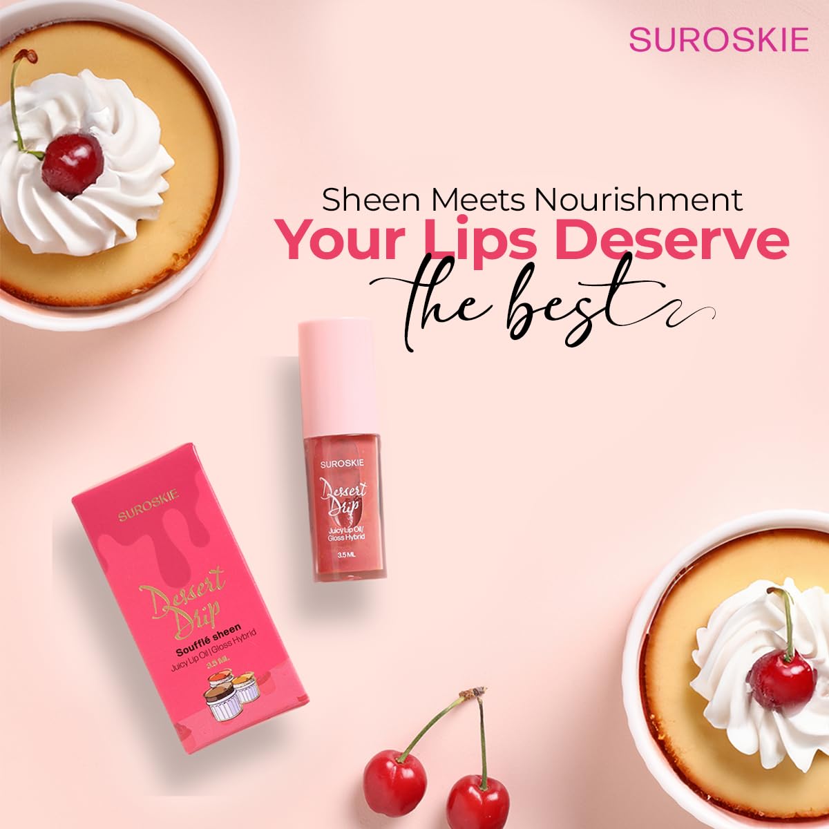 Suroskie Lip Oil Dessert Drip Souffle Sheen (Nude, 3.5Ml) | 2-In-1 Formula | Deep Hydrating Gloss | Upto 12 Hrs | High Glossy Shine | Avocado & Shea Butter | Non-Sticky | Korean Lip Gloss For Women