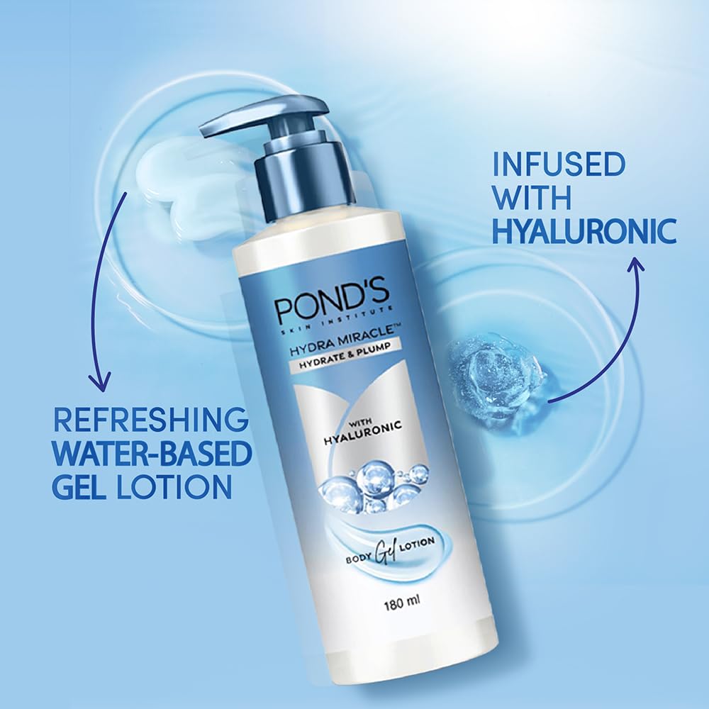 POND'S HYDRA MIRACLE BODY GEL LOTION, WATER-BASED, NON - OILY, NON- STICKY WITH HYALURONIC ACID, QUICK ABSORBING, LIGHT FOR ALL SKIN TYPES - 180ML
