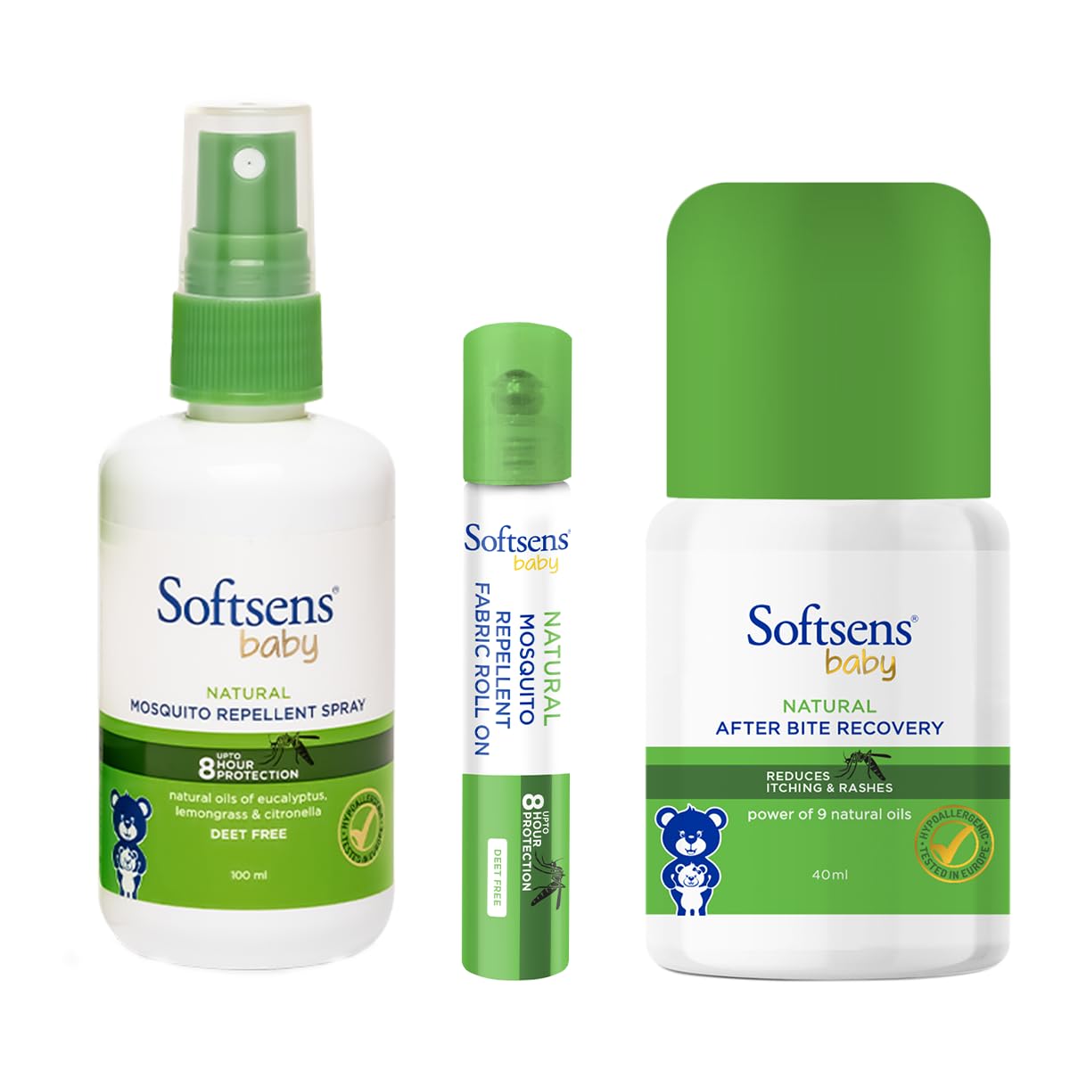Softsens Baby Natural Mosquito Repellent Combo, 8 Hour Protection, DEET-Free, Spray 100ml, Fabric Roll-On - 8ml and After Bite Recovery 40ml