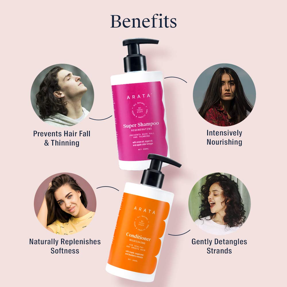 Arata Hair Fall Control Combo | With Power of 5 in 1 Hair Care Kit With Super Shampoo And Conditioner Combo | Vogue 2022 Awarded Best Daily Shampoo | Vegan & Cruelty-Free | (300 ml each) (Pack of 2)