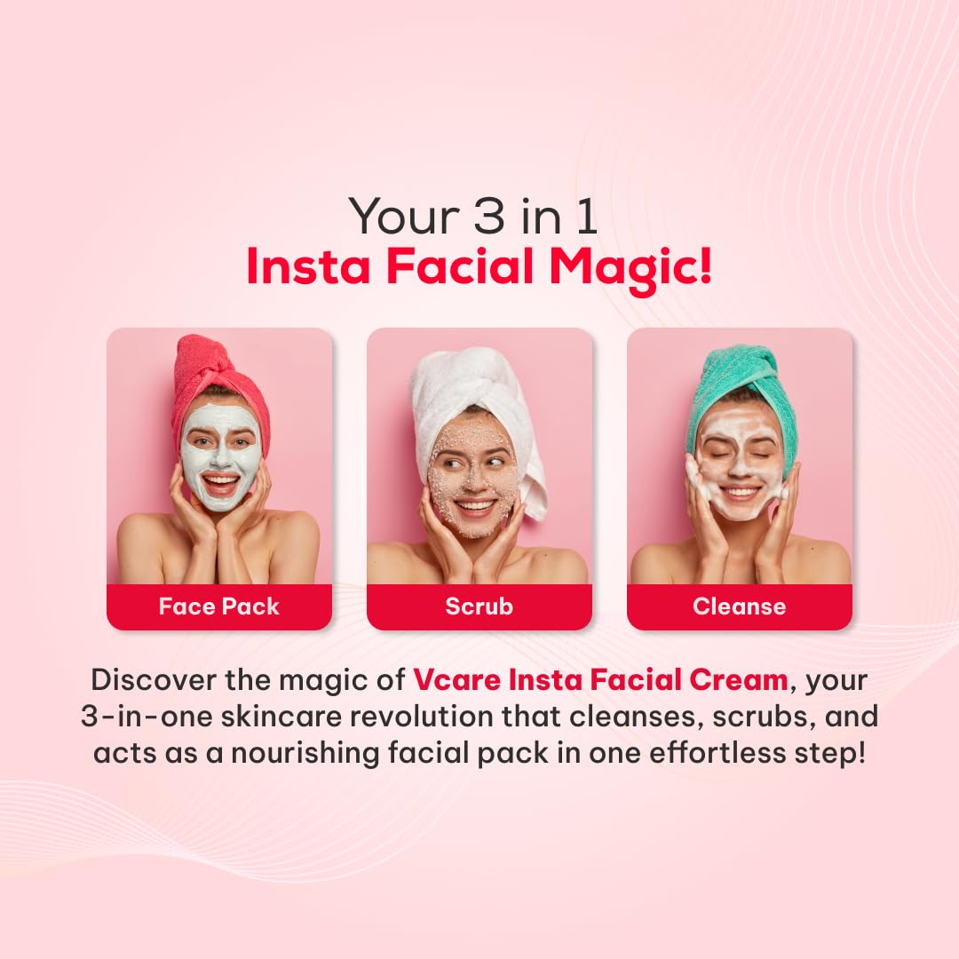 VCare Insta Facial Cream For Face Scrub, Cleanse And Skin Care Mask For Oily And Dry Skin | Instant Glow Brightening Face Pack With Songyi Mushroom And Walnut 50 Gm