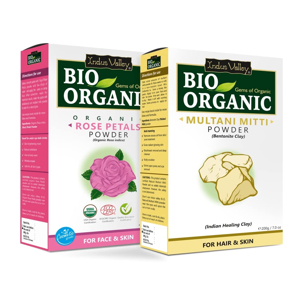 INDUS VALLEY Bio Organic Natural Multani Mitti Powder | Healing Clay | Bentonite clay with Rose Petals Powder | Rosa indica for Skin Care - (200g+100=300g)