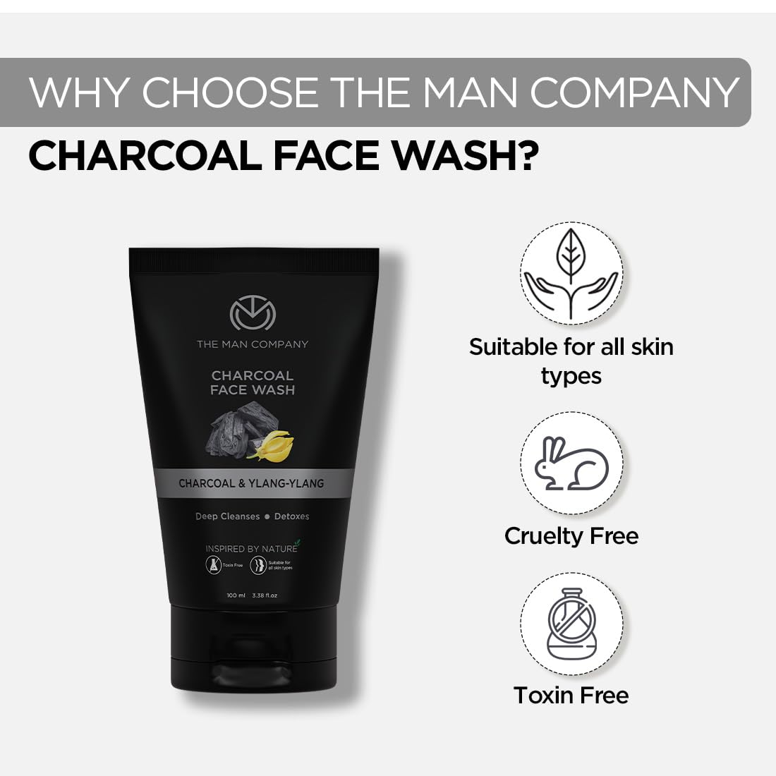 The Man Company Activated Charcoal Face Wash for Men | Ylang Ylang | Oil Control | Unclog Pores | Deep Cleansing | Blackheads Removal | All Skin Types - 100ml